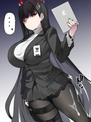 ... 1girl bebebe_(pepegakii) black_hair black_jacket black_pantyhose black_skirt black_suit blue_archive breasts cum cum_on_body formal_clothes hair_ornament hairclip halo highres jacket large_breasts long_hair long_sleeves looking_at_viewer miniskirt pantyhose pleated_skirt red_eyes rio_(blue_archive) shaded_face skirt solo suit sweater tablet_pc thighs turtleneck turtleneck_sweater very_long_hair white_sweater