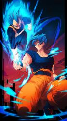 Rule 34 | 2boys, armor, artist name, aura, biceps, black border, blue bodysuit, blue eyes, blue footwear, blue hair, blue shirt, bodysuit, boots, border, closed mouth, collarbone, dougi, dragon ball, dragon ball super, energy, gloves, hand up, looking at another, male focus, multiple boys, muscular, muscular male, ommmyoh, on one knee, orange pants, pants, saiyan armor, shirt, short sleeves, signature, smile, smirk, son goku, spiked hair, super saiyan, super saiyan blue, torn clothes, twitter username, v-shaped eyebrows, vegeta, white gloves, widow&#039;s peak, wristband