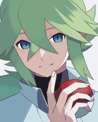 Rule 34 | 1boy, baseball cap, black undershirt, blue eyes, collared shirt, green hair, hair between eyes, hat, holding, holding poke ball, long hair, looking at viewer, male focus, n (pokemon), nintendo, poke ball, poke ball (basic), pokemon, pokemon bw, ponytail, shirt, simple background, smile, solo, upper body, white background, white shirt, zero (sleepy meltan)