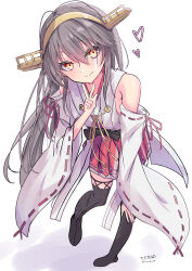 1girl absurdres bare_shoulders black_hair blush boots breasts brown_eyes detached_sleeves full_body hair_between_eyes hair_ornament hairband hairclip hakama hakama_short_skirt hakama_skirt haruna_(kancolle) haruna_kai_ni_(kancolle) headgear heart highres hizaka japanese_clothes kantai_collection long_hair looking_at_viewer nontraditional_miko one-hour_drawing_challenge ribbon-trimmed_sleeves ribbon_trim signature skirt smile solo thigh_boots thighhighs twitter_username white_background