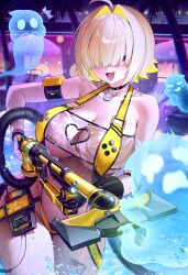 1girl :d absurdres ahoge black_choker blonde_hair breasts choker cleavage cleavage_cutout clothing_cutout collarbone elegg_(boom_and_shock)_(nikke) elegg_(nikke) fymrie ghost gloves goddess_of_victory:_nikke hair_intakes heart_cutout highres large_breasts night night_sky open_mouth pool purple_eyes short_hair single_glove sky slingshot_swimsuit smile swimsuit vacuum_cleaner water wet yellow_slingshot_swimsuit