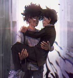 2boys alley aoki_(fumomo) bare_arms black_eyes black_hair black_jacket black_pants blood blue_pants brothers carrying casual collared_jacket commentary_request cowboy_shot darkness day denim dirty dirty_clothes dirty_face fingernails frown full_body gakuran hand_on_another&#039;s_shoulder high_collar injury jacket jeans kageyama_ritsu kageyama_shigeo layered_sleeves long_sleeves looking_at_another looking_at_viewer male_focus messy_hair mob_psycho_100 multiple_boys outdoors pants parted_lips princess_carry rescue school_uniform shirt shoes short_hair short_sleeves siblings sneakers socks spiked_hair standing t-shirt torn_clothes torn_shirt undershirt white_shirt white_shoes white_socks