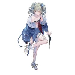 Rule 34 | 1girl, :o, asymmetrical footwear, asymmetrical legwear, bare shoulders, black tank top, blue eyes, blue hair, blue jacket, blue nails, blush, boots, breasts, crop top, crown, drill hair, drill sidelocks, full body, fur-trimmed jacket, fur trim, girls&#039; frontline, grey hair, hair ornament, hairclip, heterochromia, high heels, holding, holding unworn clothes, jacket, looking at viewer, medium hair, multicolored hair, nail polish, navel, official art, open clothes, open jacket, open mouth, orange eyes, reeh (yukuri130), sidelocks, simple background, small breasts, solo, standing, standing on one leg, streaked hair, sweatdrop, tank top, thigh boots, thighhighs, torn clothes, torn footwear, torn jacket, torn tank top, torn thighhighs, transparent background, white boots, zip.22 (girls&#039; frontline)