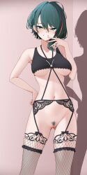 1girl absurdres bare_shoulders black_tank_top blush bottomless breasts cleavage cleft_of_venus collarbone commission dead_or_alive dead_or_alive_6 dead_or_alive_xtreme dead_or_alive_xtreme_venus_vacation female_pubic_hair fishnets garter_belt green_eyes green_hair grin hair_between_eyes highres large_breasts looking_at_viewer mole mole_under_eye multicolored_hair navel no_panties pubic_hair pussy red_hair short_hair smile solo streaked_hair tamaki_(doa) tank_top variant_set z.taiga