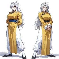 2girls absurdres arms_behind_back changpao china_dress chinese_clothes dress fighting_stance hair_ornament hairpin highres kokoro_no_koibito kung_fu long_hair martial_arts multiple_girls ponytail self-upload smile standing training white_hair yellow_dress yellow_eyes yixuan_(zenless_zone_zero) zenless_zone_zero