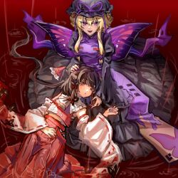 Rule 34 | 2girls, adapted costume, alternate color, alternate headwear color, ambiguous red liquid, animal print, ascot, black dress, black hat, blonde hair, bow, brown hair, butterfly print, butterfly wings, commentary request, detached sleeves, dress, frilled bow, frills, hair bow, hakurei reimu, hat, hat ribbon, highres, insect wings, lap pillow, long hair, long sleeves, looking at viewer, mob cap, multiple girls, open mouth, purple eyes, purple nails, purple ribbon, purple tabard, purple wings, red bow, red lips, red skirt, ribbon, ribbon-trimmed sleeves, ribbon trim, shouxishao jiuyuan, skirt, skirt set, smile, tabard, touhou, white ascot, wide sleeves, wings, yakumo yukari