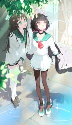 2girls absurdres airi_(blue_archive) animal_ears black_hair blue_archive blush brown_hair colored_inner_animal_ears food-themed_hair_ornament green_eyes green_halo hair_ornament halo highres ice_cream_hair_ornament jacket kazusa_(blue_archive) long_hair looking_up machico_(1872251) multicolored_hair multiple_girls open_mouth pantyhose pink_hair pleated_skirt shirt shoes short_hair skirt sneakers white_shirt