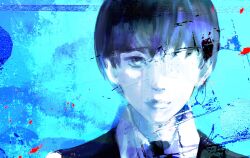 Rule 34 | 1boy, black hair, black necktie, black suit, blue background, blue theme, collared shirt, eyepatch, formal clothes, highres, kaneki ken, kyezzzz, lips, looking at viewer, male focus, medical eyepatch, necktie, one eye covered, partially shaded face, shaded face, shirt, short hair, solo, suit, tokyo ghoul, white shirt
