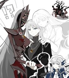 Rule 34 | !?, 2boys, 3girls, angelica (project moon), argalia (project moon), black hair, black jacket, black mask, black necktie, blue eyes, closed mouth, eyeball, ghost, highres, jacket, jewelry, lapels, library of ruina, long hair, multiple boys, multiple girls, necklace, necktie, project moon, rai (r2718281), red eyes, ring, ring necklace, roland (project moon), silver trim, simple background, smile, spoilers, sweat, very long hair, white background, white hair