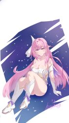 1girl absurdres artist_name boots breasts cleavage commentary_request corset diamond-shaped_pupils diamond_(shape) elf elysia_(herrscher_of_human:_ego)_(honkai_impact) elysia_(honkai_impact) gloves hair_ornament highres honkai_(series) honkai_impact_3rd knee_boots lan_ying_chuxue large_breasts long_hair pink_hair pointy_ears purple_eyes sitting smile solo symbol-shaped_pupils very_long_hair white_boots white_corset white_gloves