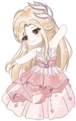 Rule 34 | 1girl, absurdres, bare arms, bare shoulders, blonde hair, brown eyes, chibi, choker, closed mouth, dress, fairytale swan (infinity nikki), feather-trimmed dress, feather hair ornament, feathers, flower, gown, hair ornament, head tilt, heart, highres, infinity nikki, jewelry, light blush, light particles, long hair, neck flower, necklace, nikki (series), outstretched arms, pink dress, pleated dress, sidelocks, simple background, smile, solo, strapless, strapless dress, striped clothes, striped dress, swan print, vertical-striped clothes, vertical-striped dress, very long hair, white background, white choker, white flower, zhizhizhizhizhizong