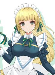 Rule 34 | 1girl, apron, blonde hair, blue dress, blush, bow, breasts, closed mouth, dress, fire emblem, fire emblem: three houses, fire emblem heroes, green eyes, hair ornament, headdress, holding, ingrid brandl galatea, ingrid brandl galatea (cordial teatime), kakiko210, large breasts, long hair, long sleeves, maid, maid apron, maid headdress, medium breasts, nintendo, official alternate costume, smile, solo, upper body, white apron