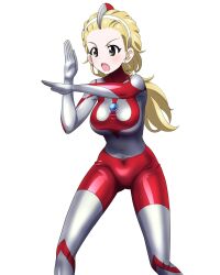 1girl blonde_hair blush bodysuit breasts brown_eyes color_timer commentary cosplay covered_navel feet_out_of_frame from_side girls_und_panzer highres key_(gaigaigai123) large_breasts long_hair open_mouth red_bodysuit sasaki_akebi silver_bodysuit simple_background skin_tight solo tokusatsu ultra_beam ultra_series ultraman ultraman_(1st_series) ultraman_(cosplay) white_background