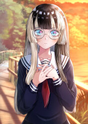 1girl absurdres alternate_costume black_hair black_serafuku blue_eyes blunt_bangs closed_mouth collarbone commentary glass grey_hair hands_on_own_chest highres hime_cut hololive hololive_dev_is juufuutei_raden long_hair long_sleeves looking_at_viewer multicolored_hair necktie outdoors red_necktie round_eyewear sailor_collar school_uniform serafuku solo straight-on sunset suzuka_(suzukawu) two-tone_hair upper_body virtual_youtuber white_sailor_collar
