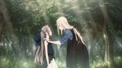 Rule 34 | 1boy, 1girl, antenna hair, black dress, blonde hair, blue bow, blue eyes, blue shirt, bow, collared shirt, dappled sunlight, dress, ears visible through hair, forest, frilled dress, frilled skirt, frilled sleeves, frills, from side, fukuda tomonori, game cg, grass, grey hair, hair between eyes, hair bow, hands on another&#039;s shoulders, highres, kimijima kou, leaf, long hair, looking at another, nature, non-web source, official art, outdoors, puffy short sleeves, puffy sleeves, robotics;notes, shirt, short sleeves, sidelocks, skirt, sleeveless vest, sunlight, tareme, tree, twintails, yukifune airi