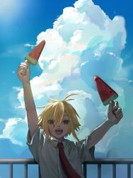 1boy blonde_hair blue_sky cloud collared_shirt commentary_request cumulonimbus_cloud food fruit hair_between_eyes highres holding holding_food holding_popsicle male_focus necktie nijisanji on_roof outdoors popsicle railing red_necktie school_uniform shirt sky smile solo taratineno upper_body uzuki_kou watermelon_bar white_shirt