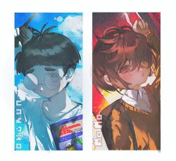 1boy 1girl aged_down arm_up ayase_momo backpack bag black_hair blue_sky blush book brown_eyes brown_hair brown_sweater character_name child closed_mouth cloud cloudy_sky collared_shirt commentary dandadan de557777 glasses hair_over_one_eye holding holding_book index_finger_raised open_mouth outdoors round_eyewear shirt short_hair sky sunset sweater symbol-only_commentary takakura_ken_(dandadan) upper_body white_shirt