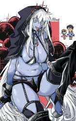 1boy 2girls artist_name bb_(fate) bb_(swimsuit_mooncancer)_(fate) bb_(swimsuit_mooncancer)_(fate)_(cosplay) bb_(swimsuit_mooncancer)_(second_ascension)_(fate) belly bikini black_bikini black_hair blue_skin bracelet breasts cape chandelier_earrings chibi chibi_inset choker cleavage cloak colored_skin commentary cosplay covered_erect_nipples earrings english_commentary fangs fate/grand_order fate_(series) fingerless_gloves fujimaru_ritsuka_(male) fujimaru_ritsuka_(male)_(tropical_summer) furauji garter_belt garter_straps glove_cutout gloves highres hood hood_up hooded_cloak jewelry kali_(fate) kama_(fate) kama_(first_ascension)_(fate) kama_(swimsuit_avenger)_(first_ascension)_(fate) large_breasts long_hair multiple_girls multiple_rings navel navel_piercing necklace pearl_necklace pendant pendant_choker piercing platform_heels platform_sandals plump ring sandals shadow short_hair short_shorts shorts signature sitting skindentation stirrup_legwear studded_bikini studded_choker studded_garter_belt sunglasses sweat swimsuit thighhighs thighs toeless_legwear tongue tongue_out twitter_username two-tone_background unzipped very_long_hair white_hair