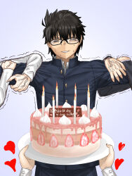 1boy 3girls absurdres anger_vein arcueid_brunestud birthday birthday_cake black_eyes black_hair blue_notuki cake ciel_(tsukihime) food glasses grabbing_another&#039;s_arm happy_birthday heart highres holding holding_cake holding_food holding_plate jacket multiple_girls one_eye_closed plate school_uniform simple_background smile sweat sweatdrop sweater tohno_akiha tohno_shiki trembling tsukihime tsukihime_(remake) veins veiny_hands white_sweater