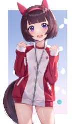 1girl absurdres animal_ears blue_background blunt_bangs border character_request clenched_hands commentary cowboy_shot flat_chest gradient_background hair_ornament hairband hairclip hands_up highres horse_ears horse_girl horse_tail jacket light_blush long_sleeves looking_at_viewer nishino_flower_(umamusume) open_mouth petal_print purple_eyes red_hairband red_jacket shirt short_hair smile solo tag tail thighs track_jacket umamusume white_border white_shirt yami_anko zipper zipper_pull_tab
