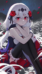 1girl absurdres ai_dongdong bare_shoulders black_dress black_garter black_gloves black_thighhighs breasts chinese_commentary commentary_request dress flower gloves hair_between_eyes hair_ornament hand_on_own_shoulder highres honkai_(series) honkai_impact_3rd knees_up long_hair looking_at_viewer night outdoors parted_lips red_eyes red_petals sitting small_breasts solo theresa_apocalypse theresa_apocalypse_(luna_kindred) thighhighs very_long_hair white_hair