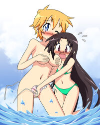 2girls bikini black_hair blonde_hair blue_eyes blush breasts comedic_sweatdrop covering_another&#039;s_crotch covering_breasts covering_privates embarrassed glasses green_bikini long_hair lucky_star men_(artist) multiple_girls navel one_eye_closed panties patricia_martin pink_panties purple_eyes short_hair sky surprised swimsuit tamura_hiyori thighs underwear wardrobe_malfunction water wet