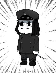 Rule 34 | (o) (o), 1boy, abyssal admiral (kancolle), admiral (kancolle), admiral suwabe, admiral suwabe (cosplay), black hair, borrowed character, comic, commentary request, cosplay, dreadlocks, epaulettes, facial hair, full body, goatee, greyscale, hat, k-suwabe, kantai collection, male focus, military, military hat, military uniform, monochrome, moomin, moomintroll, muppo, mustache, parody, peaked cap, shoes, solo, sweatdrop, tail, trembling, twitter username, white background