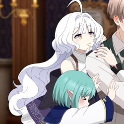 1girl 2boys fingerless_gloves gloves green_hair grey_hair indoors long_hair mabinogi multiple_boys pushing rowan_(mabinogi) sleeveless yellow_eyes