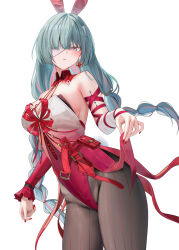 1girl adapted_costume animal_ears armpit_crease bandage_over_one_eye bandaged_arm bandages bare_shoulders black_pantyhose blush braid breasts cleavage commentary cowboy_shot earrings fake_animal_ears fingernails gradient_clothes gradient_leotard grey_eyes grey_hair highres jewelry leotard low_twin_braids medium_breasts nail_polish paid_reward_available pantyhose parted_lips phrolova_(wuthering_waves) playboy_bunny rabbit_ears red_leotard red_nails red_pupils ru_zhai simple_background solo symbol-only_commentary tacet_mark_(wuthering_waves) twin_braids white_background wuthering_waves