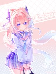 1girl absurdres bag blue_skirt blush choker genshin_impact hair_between_eyes hair_ornament hair_ribbon halftone halftone_background highres holding long_hair long_sleeves mibai_yume plaid_clothes plaid_skirt pleated_skirt polka_dot polka_dot_background purple_eyes ribbon sailor_collar sangonomiya_kokomi school_uniform serafuku shirt skirt solo very_long_hair white_shirt