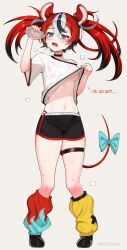 1girl absurdres animal_ears black_shorts blue_eyes bottle breasts cameltoe clothes_lift full_body hakos_baelz highres holding holding_bottle hololive hololive_english hot lifting_own_clothes medium_breasts migokami mouse_ears mouse_girl mouse_tail multicolored_hair navel no_bra panty_straps red_hair shirt shirt_lift short_shorts shorts solo standing stomach streaked_hair sweat tail thighs underboob virtual_youtuber water_bottle white_shirt