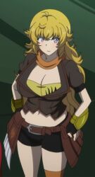 anime_screenshot bike_shorts blonde_hair breasts cleavage curvy fingerless_gloves from_above gauntlets gloves large_breasts long_hair midriff navel rwby rwby_ice_queendom scarf solo wide_hips yang_xiao_long