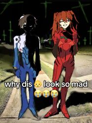 1boy 1girl black_hair crying_emoji emoji highres ikari_shinji long_hair looking_at_viewer mecha_pilot_suit meme neon_genesis_evangelion night orange_hair plugsuit_(evangelion) road shaded_face shadow sidewalk souryuu_asuka_langley strayuu street why_dis_ninja_look_so_mad_(meme)