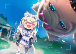Rule 34 | 2girls, absurdres, animal collar, animal ear fluff, animal ears, aqua eyes, beleven, blurry, blurry background, chibi, closed mouth, coat, collar, day, dress, dutch angle, fang, food, fuwawa abyssgard, hair intakes, hair ornament, hairband, highres, holding, holding food, holding ice cream, holding ice cream cone, hololive, hololive english, ice cream, ice cream cone, long hair, long sleeves, looking at viewer, mococo abyssgard, multiple girls, no pupils, open clothes, open coat, open mouth, outdoors, pink eyes, selfie, shoes, siblings, single thighhigh, sisters, skin fang, soft serve, spiked hairband, spikes, standing, sweat, tail, thighhighs, virtual youtuber, waffle cone