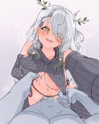 1boy 1girl alternate_costume alternate_hair_color breasts ceres_fauna commentary detached_sleeves english_commentary grabbing_another&#039;s_breast grey_hair grey_panties grey_sleeves grey_sweater_vest grey_thighhighs groping guided_breast_grab guiding_hand hair_over_one_eye heart heart-shaped_pupils hetero highres hololive hololive_english large_breasts looking_at_viewer meme_attire mole mole_under_eye moral_cacoethes nipples open_mouth panties penis pov reaching reaching_towards_viewer sex smile sweater_vest symbol-shaped_pupils thighhighs tree_horns uncensored underwear virgin_destroyer_sweater virtual_youtuber yellow_eyes