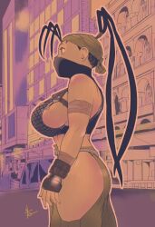 1girl black_hair breasts building car highres hiroshi_mono ibuki_(street_fighter) kunai long_hair motor_vehicle sideboob solo standing street_fighter thighs weapon