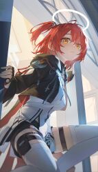 1girl arknights black_gloves chinese_commentary closed_mouth commentary earrings exusiai_(arknights) exusiai_the_new_covenant_(arknights) feet_out_of_frame film_grain fingerless_gloves gloves hair_between_eyes halo highres ingki jewelry looking_at_viewer medium_hair on_windowsill orange_eyes pouch red_hair solo thigh_pouch thigh_strap thighhighs traditional_halo white_halo white_thighhighs window