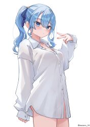 1girl alternate_breast_size alternate_costume blue_eyes blue_hair blue_ribbon blush breasts closed_mouth collared_shirt cowboy_shot hair_ribbon hand_up highres hololive hoshimachi_suisei light_blush looking_at_viewer naked_shirt noeee parted_bangs pink_nails ponytail ribbon see-through_clothes see-through_shirt see-through_silhouette shirt side_ponytail sidelocks simple_background sleeves_past_wrists small_breasts solo twitter_username v virtual_youtuber white_background white_shirt