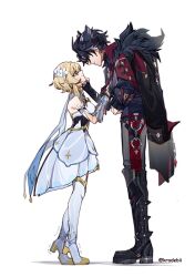1boy 1girl absurdres black_gloves black_hair blonde_hair blush breasts closed_mouth commentary_request dress fingerless_gloves flower from_side full_body genshin_impact gloves grabbing_another&#039;s_face hair_between_eyes hair_flower hair_ornament hand_on_another&#039;s_face head_grab height_difference highres jewelry kradebii looking_at_another lumine_(genshin_impact) necktie red_necktie short_hair short_hair_with_long_locks tiptoes trembling white_dress wriothesley_(genshin_impact) yellow_eyes