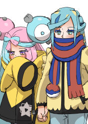 Rule 34 | 1boy, 1girl, absurdres, grusha (pokemon), highres, holding hands, iono (pokemon), nintendo, pokemon, pokemon sv, poyoxis, simple background, white background