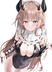 1girl black_horns black_leotard black_nails blush breasts brown_hair closed_mouth commentary_request demon_girl demon_horns earrings hair_ornament heart heart-shaped_pupils highres horns jewelry large_breasts leotard long_hair looking_at_viewer original pointy_ears purple_eyes simple_background smile solo symbol-shaped_pupils white_background yana_mori