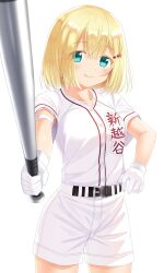 1girl :q absurdres aqua_eyes arm_strap baseball_bat baseball_uniform belt black_belt blonde_hair blurry blush closed_mouth colored_eyelashes commentary commission cowboy_shot depth_of_field eyes_visible_through_hair gloves hair_between_eyes hair_ornament hairclip hand_on_own_hip highres holding holding_baseball_bat lips looking_at_viewer medium_hair nakamura_nozomi_(tamayomi) otou_(otou_san) shirt short_sleeves shorts simple_background smile solo sportswear straight_hair tamayomi tareme tongue tongue_out white_background white_gloves white_shirt white_shorts