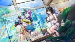2girls bikini black_hair blue_eyes blunt_bangs breasts cleavage coach cup diagonal_bangs dolphin_wave double_bun earrings game_cg gloves green_hair hair_between_eyes hair_bun hair_ornament hairclip helly_lewis highres jewelry large_breasts long_hair multicolored_hair multiple_girls navel non-web_source official_alternate_costume official_alternate_hairstyle official_art one-piece_swimsuit one_eye_closed ootomo_takuji purple_hair sideboob sitting skindentation split-color_hair suminoe_shion swimsuit table thigh_strap towel two-tone_hair v yellow_eyes