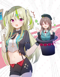 absurdres breasts brown_hair crescent crescent_earrings earrings green_hair hair_ornament hat heaven_burns_red highres jewelry large_breasts long_hair magic multicolored_hair multiple_girls ooshima_ichiko ooshima_isuzu red_eyes rinki_oohen siblings sisters two_side_up