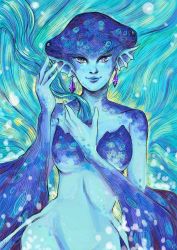 1girl absurdres bald blue_skin blue_theme breasts colored_skin earrings emipon244 fish_girl highres jewelry looking_at_viewer nintendo nude pointy_ears princess_ruto purple_eyes smile standing the_legend_of_zelda the_legend_of_zelda:_ocarina_of_time zora