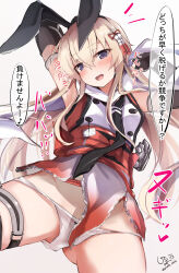 1girl :d animal_ears arm_behind_head armpits arms_up bare_shoulders black_gloves black_hairband black_ribbon blonde_hair blue_eyes blush breasts buttons cosplay double-breasted dress elbow_gloves giraffe_(ilconte) gloves groin hair_between_eyes hair_ribbon hairband highres kantai_collection long_hair looking_at_viewer no_pants open_mouth rabbit_ears red_dress ribbon seductive_smile sendai_(kancolle) sendai_(kancolle)_(cosplay) sendai_kai_ni_(kancolle) shimakaze_(kancolle) sleeveless sleeveless_dress small_breasts smile solo spread_legs translation_request very_long_hair