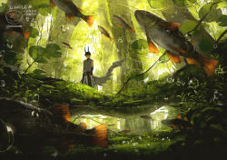 Rule 34 | 1boy, air bubble, aqua eyes, arms at sides, black gloves, black hair, bubble, closed mouth, commentary request, dappled sunlight, expressionless, fingerless gloves, fingernails, flood, forest, gloves, green theme, hair between eyes, highres, horns, japanese clothes, jimini shijimi, lily pad, log, looking at viewer, moss, nature, oni, original, plant, sleeveless, solo, standing, sunlight, tail, tree, underwater shot, water, wide shot