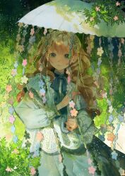 Rule 34 | 1girl, 2025, absurdres, blonde hair, blue dress, blue eyes, closed mouth, day, dress, harrymiao, highres, holding, holding umbrella, long sleeves, looking at viewer, original, outdoors, parasol, solo, tree, umbrella