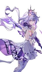 1girl asymmetrical_gloves asymmetrical_legwear black_tiara bow bright_pupils bug butterfly castorice_(honkai:_star_rail) closed_mouth dress_bow floating_hair flower garter_straps gloves grey_hair hair_bow hand_up highres holding holding_scythe holding_weapon honkai:_star_rail honkai_(series) insect kass_(jtsp0) legwear_cutout long_hair looking_at_viewer pantyhose pointy_ears purple_butterfly purple_eyes purple_flower purple_gloves purple_hair scythe simple_background solo standing thighhighs tiara uneven_gloves uneven_legwear very_long_hair weapon white_background white_bow white_pantyhose white_pupils white_thighhighs