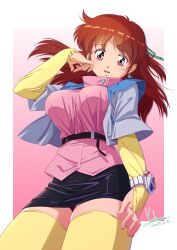 1girl absurdres anice_farm artist_name belt birthday black_belt black_skirt border breasts bridal_gauntlets brown_eyes brown_hair chouon_senshi_borgman cropped_jacket dated earrings elbow_gloves from_below gloves gradient_background green_ribbon grey_jacket hair_ribbon half_updo hand_on_own_thigh hand_up high_belt highres jacket jewelry large_breasts long_hair looking_at_viewer looking_down miniskirt open_clothes open_jacket open_mouth outside_border pencil_skirt pink_background pink_shirt ribbon shirt shirt_tucked_in signature simple_background skirt smile solo standing teeth tented_shirt thighhighs thighs triangle_earrings turtleneck turtleneck_shirt upper_teeth_only white_border yellow_gloves yellow_thighhighs yoshinaga_masahiro zettai_ryouiki